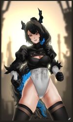 Rule 34 | 1girl, 2b (nier:automata), 2b (nier:automata) (cosplay), black gloves, black hair, black horns, black thighhighs, blue hair, breasts, cleavage, cosplay, covered navel, demon horns, eden exile, gloves, high ponytail, highleg, highleg leotard, highres, hololive, hololive english, horns, juliet sleeves, large breasts, leotard, long hair, long sleeves, looking at viewer, mole, mole on thigh, mole under eye, multicolored hair, nerissa ravencroft, nier:automata, nier (series), parted lips, puffy sleeves, red eyes, solo, thighhighs, thighs, two-tone hair, very long hair, virtual youtuber