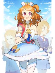 Rule 34 | 1girl, absurdres, aikatsu! (series), blush, bright pupils, brown hair, character request, dress, earrings, highres, jewelry, looking at viewer, medium hair, open mouth, red eyes, smile, solo, white dress, white pupils, yoshidanoe