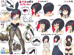 Rule 34 | 1girl, animal ears, ass, black hair, breasts, bursting breasts, character sheet, cleavage, concept art, fake animal ears, glasses, gun, high heels, highres, large breasts, leggings, leotard, multicolored hair, multiple views, nipples, pantyhose, playboy bunny, purple eyes, rabbit ears, rabbit tail, rignetta&#039;s adventure, rijiato, short hair, skin tight, smile, smug, super mican, sweater, tail, thick thighs, thighs, weapon