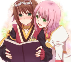 Rule 34 | 00s, 2girls, :d, blush, book, brown hair, estellise sidos heurassein, goggles, goggles on head, green eyes, holding, holding book, multiple girls, open book, open mouth, pink hair, rita mordio, smile, tales of (series), tales of vesperia, yukiiti