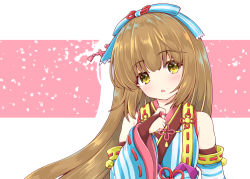 Rule 34 | 1girl, bare shoulders, bell, blue bow, blue kimono, blush, border, bow, bridal gauntlets, brown eyes, brown hair, detached sleeves, hair bow, idolmaster, idolmaster cinderella girls, idolmaster cinderella girls starlight stage, japanese clothes, jingle bell, kaishinshi, kimono, long hair, looking at viewer, open mouth, pink background, solo, striped bow, striped clothes, striped kimono, very long hair, white border, yorita yoshino