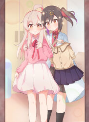 Rule 34 | 2girls, absurdres, ahoge, bare legs, black hair, black skirt, black socks, blue skirt, bolo tie, brown eyes, clothes hanger, coat, commentary, feet out of frame, hair between eyes, hair ornament, hair ribbon, hairclip, hand on another&#039;s shoulder, hand on own chest, hayumi (hayumi03), highres, holding, holding clothes hanger, indoors, kneehighs, lab coat, light blush, long hair, long sleeves, looking at viewer, mirror, multicolored hair, multiple girls, neck ribbon, onii-chan wa oshimai!, open clothes, open coat, oyama mahiro, oyama mihari, pink hair, pink shirt, pink skirt, pleated skirt, purple hair, red ribbon, red shirt, reflection, ribbon, shirt, siblings, sisters, skirt, smile, socks, sparkle, twintails, two-tone hair