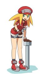 Rule 34 | 1girl, :d, belt, bike shorts, black shirt, black shorts, black socks, blonde hair, breasts, brown belt, brown gloves, cabbie hat, full body, gloves, green eyes, hand rest, hat, holding, jumpsuit, long hair, looking at viewer, mega man (series), mega man legends (series), muu (mumumer), open mouth, pocket, red footwear, red hat, red jumpsuit, roll caskett (mega man), shadow, shirt, shoes, short sleeves, shorts, simple background, small breasts, smile, socks, solo, standing, white background, wrench, zipper