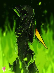 Rule 34 | 1girl, absurdres, alternate costume, arcafterdark, ass, breasts, colored skin, facing to the side, fire, glowing, glowing eyes, green eyes, green fire, hammer, head turn, highres, holding, holding hammer, holding weapon, hood, looking at viewer, multicolored skin, over shoulder, signature, small breasts, solo, warframe, weapon, weapon over shoulder, wisp (warframe)