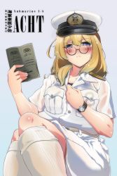 Rule 34 | 1girl, absurdres, alternate costume, blonde hair, blue eyes, blue one-piece swimsuit, book, breasts, character name, commentary request, feet out of frame, frown, glasses, grey background, hat, highres, i-8 (kancolle), kantai collection, kneehighs, large breasts, looking at viewer, medium hair, military, military uniform, msugi, name tag, naval uniform, one-piece swimsuit, peaked cap, school swimsuit, see-through, semi-rimless eyewear, simple background, sitting, socks, solo, swimsuit, swimsuit under clothes, under-rim eyewear, uniform, watch, white hat, white socks, wristwatch