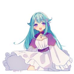 Rule 34 | 1girl, blue hair, blush, dress, ensemble stars!, facing viewer, genderswap, genderswap (mtf), light blue hair, long hair, long sleeves, looking to the side, multicolored clothes, multicolored dress, open mouth, purple dress, purple eyes, rinndouk, shino hajime, smile, solo, teeth, white background, white dress