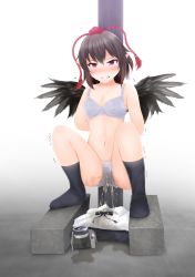 Rule 34 | 1girl, belt, bird wings, black bow, black hair, black ribbon, black skirt, black socks, black wings, blush, bound, bound wrists, bow, bra, camera, clenched teeth, collar, collared shirt, drooling, ears visible through hair, floor, folded clothes, forced, gokiburi no dashi, grey belt, grey panties, hair between eyes, hair strand, hat, highres, lace, lace-trimmed bra, lace-trimmed panties, lace trim, looking at viewer, navel, official alternate costume, panties, pee, pee stain, peeing, peeing self, pointy ears, pole, puddle, red eyes, red hat, ribbon, shadow, shameimaru aya, shirt, short hair, sidelocks, simple background, skirt, socks, solo, squatting, stack, sweat, sweatdrop, tearing up, tears, teeth, tokin hat, touhou, trembling, underwear, water drop, wet, wet clothes, wet panties, wet shirt, wet skirt, white shirt, wings