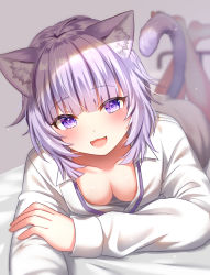 Rule 34 | 1girl, :3, :d, absurdres, animal ear fluff, animal ears, blush, breasts, cat ears, cat girl, cat tail, highres, hololive, long sleeves, looking at viewer, lying, medium breasts, naked shirt, nekomata okayu, nekomata okayu (oversized shirt), official alternate costume, on stomach, open mouth, purple eyes, purple hair, selfie, shirt, short hair, smile, solo, tail, the pose, umishima rinta, virtual youtuber, white shirt