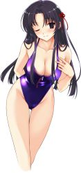 Rule 34 | 1girl, arm behind back, black eyes, black hair, blush, breasts, cleavage, game cg, head tilt, highres, koga sayoko, large breasts, long hair, misaki kurehito, one-piece swimsuit, one eye closed, purple one-piece swimsuit, solo, suiheisen made nan mile?, swimsuit, thigh gap, thighs, transparent background, wink