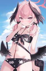Rule 34 | 1girl, absurdres, bare arms, bare legs, bare shoulders, bikini, black bikini, black wings, blue archive, blush, chocola vt, closed mouth, commentary, cowboy shot, day, floral print, gluteal fold, hair between eyes, halo, head wings, highres, koharu (blue archive), koharu (swimsuit) (blue archive), long hair, looking at viewer, low twintails, navel, ocean, official alternate costume, outdoors, pink eyes, pink hair, print bikini, red halo, solo, swimsuit, twintails, wet, wings