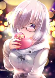 Rule 34 | 1girl, blurry, blush, bokeh, box, breasts, coat, covering own mouth, depth of field, embarrassed, fate/grand order, fate (series), glasses, glasses over hair, hair over one eye, heart-shaped box, izumi akane, large breasts, light purple hair, looking at viewer, mash kyrielight, mash kyrielight (fgo x lawson), official alternate costume, purple eyes, short hair, silver hair, solo, upper body, valentine