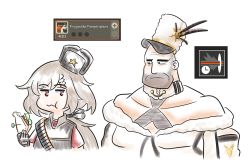 Rule 34 | 1boy, 1girl, absurdres, bald, collarbone, cosplay, costume switch, crossdressing, eating, food, gameplay connection, gameplay mechanics, girls&#039; frontline, heavy (tf2), highres, kord (girls&#039; frontline), red eyes, red heavy (tf2), sandwich, serjatronic, team fortress 2, trait connection, weapon connection