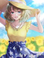 Rule 34 | 1girl, blue eyes, blue skirt, blue sky, bow, breasts, collarbone, field, floral background, floral print, flower, flower field, green eyes, hat, heterochromia, highres, holding, holding clothes, holding hat, idolmaster, idolmaster cinderella girls, idolmaster cinderella girls starlight stage, jewelry, looking at viewer, matsurika yuuri, medium breasts, mole, mole under eye, necklace, open mouth, shirt, short hair, short sleeves, skirt, sky, smile, solo, straw hat, summer, sunflower, sunflower field, sunlight, takagaki kaede, waist bow, yellow shirt