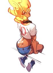 Rule 34 | 1girl, big hair, blonde hair, butt crack, character request, commentary, converse, crop top, cutoffs, dark-skinned female, dark skin, denim, denim shorts, dimples of venus, english commentary, fiery hair, from behind, full body, looking back, original, rennerei, shoes, shorts, sitting, sneakers, solo, white background