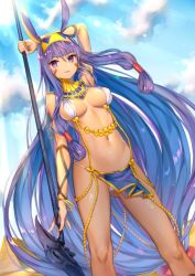 Rule 34 | 1girl, animal ears, arm up, armpits, bangle, bare legs, bare shoulders, big hair, blue skirt, blue sky, bracelet, breasts, cloud, cloudy sky, dark-skinned female, dark skin, day, dutch angle, earrings, facepaint, fake animal ears, fate/grand order, fate (series), gluteal fold, hair ornament, hairband, holding, holding weapon, hoop earrings, jewelry, jpeg artifacts, kaguyuzu, legs apart, lens flare, light particles, loincloth, long hair, low-tied long hair, navel, nitocris (fate), outdoors, panties, pelvic curtain, polearm, purple eyes, purple hair, pyramid (structure), revealing clothes, shiny skin, sidelocks, skirt, sky, smile, solo, standing, sunlight, tattoo, underboob, underwear, very long hair, weapon, white panties