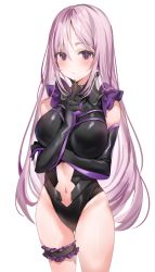 Rule 34 | 1girl, :/, alternate hair length, alternate hairstyle, bad id, bad pixiv id, blush, breast hold, breasts, bridal garter, clothing cutout, cowboy shot, elbow gloves, fate/grand order, fate (series), gloves, groin, highleg, highleg leotard, highres, index finger raised, large breasts, leotard, long hair, looking at viewer, mash kyrielight, navel, navel cutout, purple eyes, purple hair, simple background, solo, standing, very long hair, white background, yuuko (030 yuko)