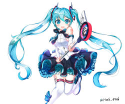 Rule 34 | 1girl, absurdres, aqua eyes, aqua hair, beamed quavers, boots, bow, bowtie, detached sleeves, hatsune miku, highres, long hair, looking at viewer, magical mirai (vocaloid), magical mirai miku, magical mirai miku (2017), musical note, open mouth, quaver, simple background, solo, thigh boots, thighhighs, twintails, very long hair, vocaloid, white background, white footwear, white thighhighs, zettai ryouiki