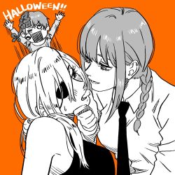 Rule 34 | 3girls, bad id, bad twitter id, bare shoulders, black eyes, black necktie, black shirt, blush, braid, braided ponytail, brain, breasts, business suit, chainsaw man, collared shirt, cosmo (chainsaw man), couple, demon girl, eyelashes, eyepatch, finger in another&#039;s mouth, formal, hair between eyes, halloween, hand on another&#039;s chin, head tilt, heart, heart-shaped pupils, highres, long hair, long sleeves, makima (chainsaw man), medium breasts, monochrome, multiple girls, necktie, office lady, open mouth, orange background, ponytail, quanxi (chainsaw man), ringed eyes, shirt, shouting, sleeveless, sleeveless shirt, smalltung, suit, symbol-shaped pupils, tank top, white shirt, wife and wife, yuri
