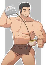 Rule 34 | 1boy, apron, bara, barista, beard stubble, black hair, brown apron, closed eyes, closed mouth, coffee cup, coffee pot, cup, disposable cup, dounoo, facial hair, feet out of frame, flaccid, gluteal fold, highres, holding, holding cup, large pectorals, lucas lee, male focus, muscular, muscular male, naked apron, pectorals, penis, penis peek, scott pilgrim (series), scott pilgrim takes off, short hair, smile, solo, stubble, thick eyebrows, topless male, waist apron