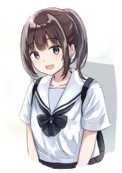 Rule 34 | 1girl, :d, backpack, bag, blue eyes, blush, bow, bowtie, brown hair, burenbo, collarbone, cropped torso, long hair, looking at viewer, open mouth, original, ponytail, sailor collar, school uniform, shirt, short sleeves, sidelocks, smile, solo, two-tone background, white background, white sailor collar, white shirt