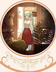 Rule 34 | 1girl, absurdres, blouse, blue eyes, blue hair, chinese commentary, flower, hatsune miku, highres, indoors, long hair, looking at viewer, plant, red skirt, rzx0, scenery, shirt, skirt, solo, standing, twintails, very long hair, vocaloid, white shirt