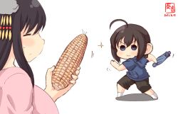 Rule 34 | 2girls, :3, aged down, ahoge, alternate costume, artist logo, black hair, black pants, blue eyes, blue hoodie, breasts, brown hair, child, closed eyes, commentary request, corn, corn cob, dated, dragon quest, dragon quest dai no daibouken, hair ornament, holding, holding umbrella, hood, hood down, hoodie, kanon (kurogane knights), kantai collection, large breasts, multiple girls, one-hour drawing challenge, pants, parody, pink shirt, shigure (kancolle), shirt, short hair, short sleeves, simple background, smile, socks, sparkle, umbrella, white background, white legwear, yamashiro (kancolle)