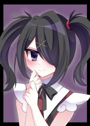 Rule 34 | 1girl, absurdres, ame-chan (needy girl overdose), black border, black hair, black ribbon, blush, border, closed mouth, collared shirt, commentary request, hair ornament, hair over one eye, hands up, highres, long hair, looking at viewer, neck ribbon, needy girl overdose, own hands together, purple background, purple eyes, red shirt, ribbon, shirt, smile, solo, suspenders, suzume (s z m0306), twintails, upper body, x hair ornament