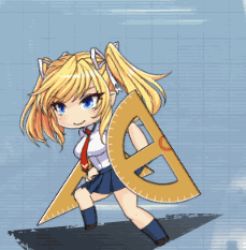 Rule 34 | 1girl, animated, animated gif, bare shoulders, blonde hair, blue eyes, blush, breasts, chibi, jumping, large breasts, lilith-soft, long hair, lowres, pointy ears, school uniform, shinganji kurenai, shiny skin, simple background, skirt, smile, solo, taimanin (series), taimanin kurenai, taimanin rpgx, thighs, twintails