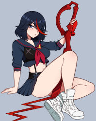 Rule 34 | 1girl, absurdres, arm support, black hair, black skirt, blue eyes, blush, breasts, collarbone, crop top, fingerless gloves, full body, gloves, hair over one eye, highres, holding, holding sword, holding weapon, kill la kill, large breasts, looking at viewer, matoi ryuuko, multicolored hair, navel, parted lips, pleated skirt, red gloves, red hair, scissor blade (kill la kill), senketsu, shoes, short sleeves, single glove, sitting, skirt, sneakers, solo, streaked hair, sword, the scarlet devil, weapon, white footwear