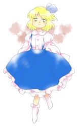 Rule 34 | 1girl, alice margatroid, alice margatroid (pc-98), blonde hair, blue ribbon, blue skirt, closed mouth, collared shirt, dress shirt, full body, hair ribbon, juliet sleeves, long sleeves, nonamejd, official style, puffy sleeves, ribbon, shirt, short hair, skirt, smile, socks, solo, suspender skirt, suspenders, touhou, touhou (pc-98), white shirt, white socks, yellow eyes, zun (style)