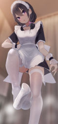 Rule 34 | 1girl, apron, black hair, blurry, blurry background, bow, feet, foot focus, foreshortening, hair bow, highres, maid, maid apron, maid headdress, no shoes, original, purple eyes, skirt, skirt tug, soles, solo, thighhighs, toes, twintails, unimon e, white thighhighs