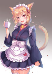 Rule 34 | 1girl, animal ears, apron, bell, blonde hair, cat ears, cat tail, cocoasabure, collar, cowboy shot, cup, facial mark, fang, final fantasy, final fantasy xiv, frilled apron, frills, gradient background, highres, japanese clothes, kimono, looking at viewer, maid headdress, miqo&#039;te, neck bell, nontraditional miko, open mouth, red eyes, short hair, slit pupils, solo, standing, tail, thighhighs, waist apron, warrior of light (ff14), whisker markings, white thighhighs