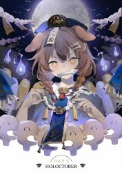 Rule 34 | 1girl, animal ears, bead necklace, beads, bone, bone hair ornament, braid, brown eyes, brown hair, dog ears, full moon, hair ornament, hat, highres, hitodama, hololive, inugami korone, jewelry, listener (inugami korone), looking at viewer, moon, mouth hold, nail polish, necklace, ofuda, ranqi070, solo, tassel, twin braids, virtual youtuber, yellow nails