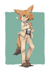 Rule 34 | 10s, 1girl, :d, adapted costume, animal ears, bad id, bad pixiv id, belt, black-backed jackal (kemono friends), brown gloves, brown hair, commentary request, extra ears, fang, full body, gloves, green background, green eyes, jackal ears, jackal tail, kemono friends, looking away, necktie, open mouth, pants, shoes, short hair, simple background, smile, solo, teranekosu, white necktie
