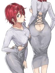 Rule 34 | 1girl, ass, breasts, butt crack, covered navel, dress, feet out of frame, from behind, grey dress, grey shirt, hair between eyes, han soo-min (hanny), hanny (uirusu chan), highres, long sleeves, looking at viewer, medium breasts, multiple views, original, red hair, shirt, short hair, simple background, underboob, white background