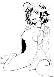 Rule 34 | 1girl, ahoge, bare legs, barefoot, blush, bottomless, breasts, collared shirt, cone horns, greyscale, groin, highres, himajin noizu, horns, kijin seija, looking at viewer, medium breasts, monochrome, multicolored hair, naked shirt, navel, open clothes, open mouth, open shirt, sharp teeth, shirt, short hair, simple background, sitting, solo, streaked hair, teeth, touhou, wariza, white background