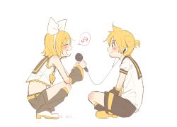Rule 34 | 1boy, 1girl, bare shoulders, belt, blonde hair, blush, bow, brother and sister, cable, closed eyes, commentary, crop top, detached sleeves, earphones, eighth note, fang, from side, headband, highres, holding, holding microphone, kagamine len, kagamine rin, knee blush, leg warmers, looking at another, m0ti, microphone, music, musical note, neckerchief, sailor collar, school uniform, shirt, short hair, short ponytail, shorts, siblings, singing, sitting, smile, speech bubble, spoken musical note, squatting, symbol-only commentary, twins, twitter username, vocaloid, white background, white bow, white shirt