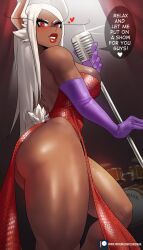 Rule 34 | 1girl, absurdres, animal ears, ass, boku no hero academia, breasts, cosplay, dark-skinned female, dark skin, dress, echo saber, elbow gloves, english text, gloves, highres, jessica rabbit, large breasts, lips, long hair, looking at viewer, looking back, mirko, purple gloves, rabbit ears, rabbit tail, red dress, red eyes, tail, thick thighs, thighs, who framed roger rabbit