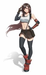 Rule 34 | 1girl, armor, belt, belt pouch, black hair, black skirt, black sports bra, black thighhighs, boots, breasts, crop top, elbow gloves, elbow pads, final fantasy, final fantasy vii, finger gun, fingerless gloves, full body, gloves, hair between eyes, hand on own hip, hand up, highres, large breasts, lips, long hair, looking at viewer, midriff, miniskirt, navel, pouch, rain9 812, red eyes, red footwear, simple background, skirt, smile, solo, sports bra, standing, suspender skirt, suspenders, tank top, thighhighs, tifa lockhart, white background, white tank top, zettai ryouiki