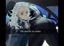 Rule 34 | 1boy, 1girl, ass, blonde hair, car interior, closed mouth, danheihei, dorohedoro, drive-thru, ear piercing, earrings, english text, formal, glasses, he wants to order (meme), highres, jewelry, long hair, looking at viewer, lying on person, meme, noi (dorohedoro), piercing, rear-view mirror, red eyes, selfie, shin (dorohedoro), short hair, smile, snapchat, steering wheel, white hair