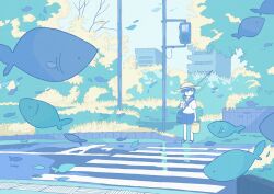 Rule 34 | 1girl, awaya yawako, bag, blue bag, blue eyes, blue neckerchief, blue ribbon, blue sailor collar, blue skirt, blunt bangs, bucket, building, closed mouth, commentary request, crosswalk, day, dot mouth, fish, fishing rod, flip-flops, flying fish, grass, hat, hat ribbon, highres, holding, holding bucket, holding fishing rod, looking to the side, low twintails, neckerchief, no sclera, original, outdoors, over shoulder, pedestrian lights, pleated skirt, ribbon, sailor collar, sandals, school bag, school uniform, serafuku, shirt, short sleeves, short twintails, skirt, solo, standing, tactile paving, tree, twintails, utility pole, white shirt, wide shot, yellow hat