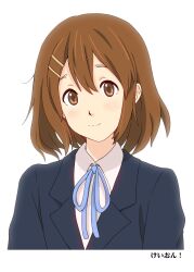 Rule 34 | 1girl, blazer, blue jacket, blue ribbon, blush, brown eyes, brown hair, collared shirt, commentary request, hair between eyes, hair ornament, hairclip, highres, hirasawa yui, jacket, k-on!, looking at viewer, mito (mitotank), neck ribbon, ribbon, sakuragaoka high school uniform, school uniform, shirt, short hair, simple background, solo, upper body, white background, white shirt, winter uniform