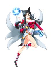 Rule 34 | 1girl, adon (adtech), ahri (league of legends), animal ears, bare shoulders, black hair, braid, breasts, bursting breasts, cleavage, detached sleeves, energy ball, fox ears, fox tail, hair ribbon, league of legends, legs, long hair, multiple tails, ribbon, single braid, skirt, smile, solo, tail, thighs, yellow eyes