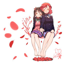 Rule 34 | 10s, 14 (vision5032), 2girls, bad id, bad pixiv id, barefoot, blazer, bow, bowtie, brown hair, cardigan, closed eyes, feet, full body, holding hands, jacket, leaning on person, legs, long hair, long legs, love live!, love live! school idol project, multiple girls, nishikino maki, open clothes, open jacket, petals, pleated skirt, red hair, school uniform, short hair, side-by-side, sitting, skirt, sleeping, sleeping on person, vest, white background, yazawa nico