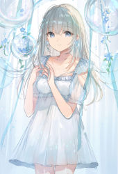 Rule 34 | 1girl, absurdres, blue dress, blue eyes, blue flower, breasts, bubble, collarbone, dress, earrings, flower, frills, highres, jewelry, long hair, looking at viewer, medium breasts, mochitsuki usa, original, short sleeves, smile, solo, standing, sundress