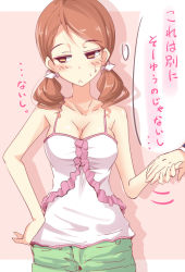 Rule 34 | 10s, 1girl, alternate costume, bare arms, bare shoulders, bike shorts, blush, breasts, brown hair, cleavage, collarbone, commentary request, eyebrows, hand on own hip, highres, hojo karen, holding hands, idolmaster, idolmaster cinderella girls, long hair, looking away, low twintails, medium breasts, natsu (anta tte hitoha), solo focus, sweatdrop, thought bubble, translation request, twintails, upper body, yellow eyes