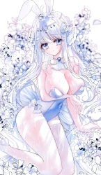 Rule 34 | 1girl, absurdres, ahoge, animal ears, bare arms, bare shoulders, blue eyes, blue leotard, blurry, blurry background, bow, breasts, cleavage, closed mouth, collarbone, commentary, covered navel, depth of field, fins, floral background, flower, hair bow, hair flower, hair ornament, head fins, highres, large breasts, leotard, long hair, looking at viewer, original, pantyhose, petals, rabbit ears, simple background, solo, strapless, strapless leotard, symbol-only commentary, tandohark, thighband pantyhose, very long hair, white background, white bow, white flower, white hair, white pantyhose