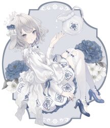 Rule 34 | 1girl, :o, absurdres, animal ears, blue eyes, blue flower, blue footwear, blue nails, dress, expressionless, floral print, flower, grey hair, high heels, highres, lolita fashion, long sleeves, original, paruno, pitcher (container), rabbit ears, solo, thighhighs, white dress, white flower, white thighhighs