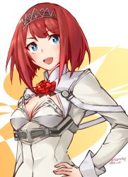 Rule 34 | 1girl, ark royal (kancolle), blue eyes, blush, bob cut, breasts, cleavage, dated, flower, hand on own hip, highres, izumikuma, kantai collection, long sleeves, one-hour drawing challenge, red flower, red hair, red rose, rose, simple background, small breasts, solo, tiara, twitter username, two-tone background, upper body
