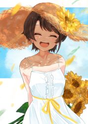 Rule 34 | 1girl, :d, ^ ^, absurdres, alternate costume, arms behind head, black hair, bouquet, closed eyes, collarbone, dress, flower, hashtag-only commentary, hat, highres, holding, holding bouquet, holding flower, hololive, nonco no, oozora subaru, open mouth, outdoors, short hair, sleeveless, sleeveless dress, smile, solo, spaghetti strap, straw hat, sun hat, sunflower, upper body, virtual youtuber, white dress